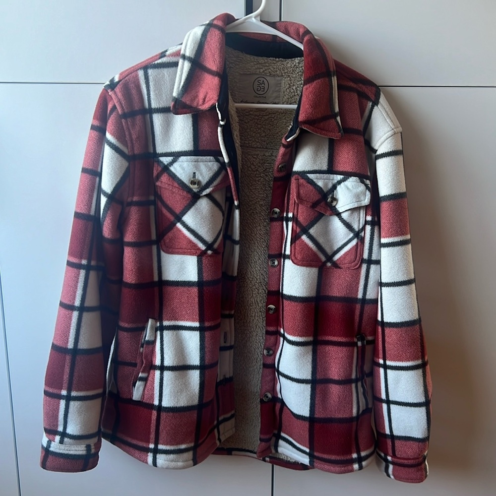 SAGE red and white plaid sherpa shacket